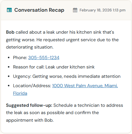 Sample conversation recap with caller details and suggested follow-up