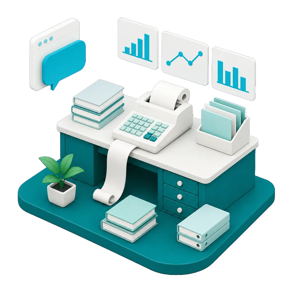 Isometric illustration of an accountant desk with ledgers, a calculator and floating charts, with a floating browser window and speech bubble showing the AI agent screening a client inquiry on the firm website
