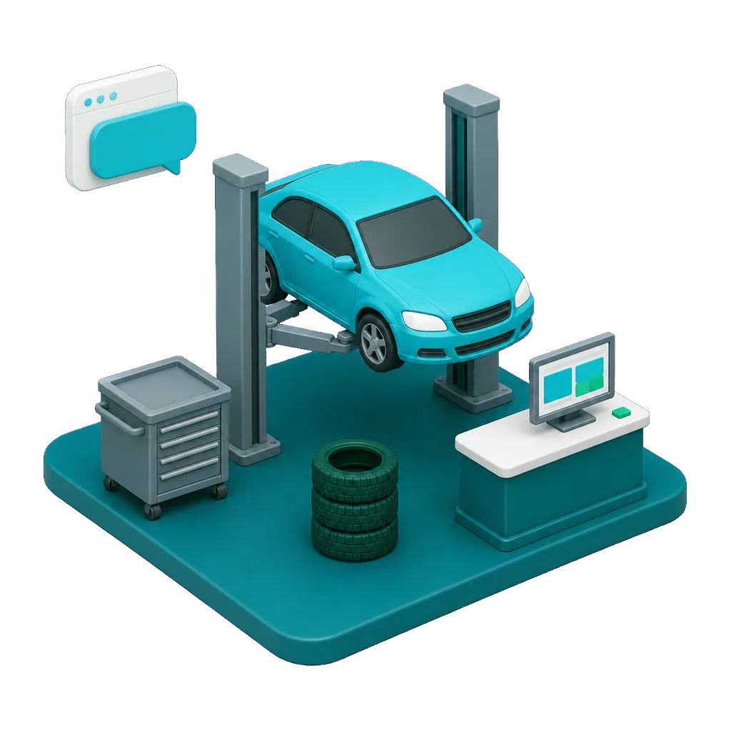 Isometric illustration of an auto repair bay with a car on a lift and a rolling toolbox, with a floating browser window and speech bubble showing the AI agent capturing a service inquiry on the shop website