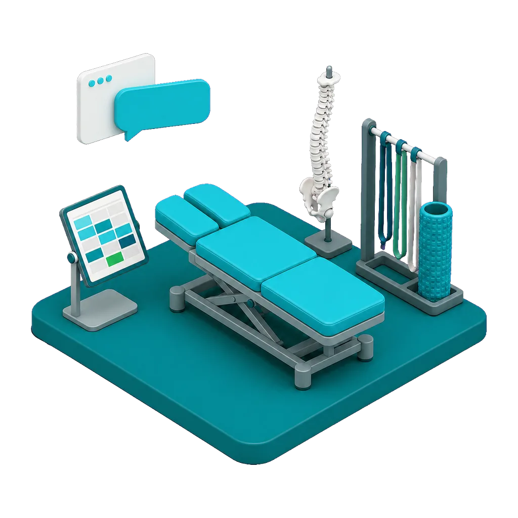 Isometric illustration of a chiropractic clinic with an adjustment table and spine model, with a floating browser window and speech bubble showing the AI agent capturing a new patient inquiry on the clinic website