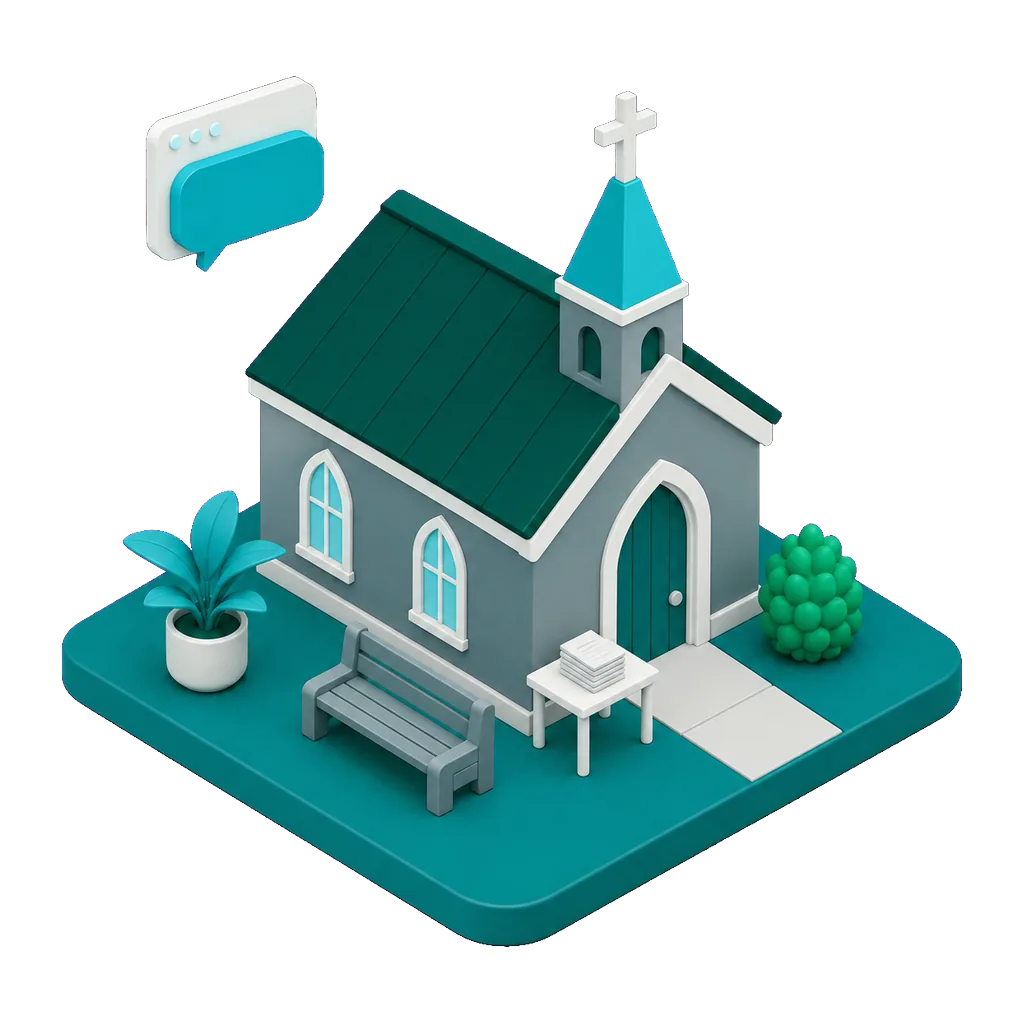 Isometric illustration of a small church with a steeple beside a welcome table with pamphlets, with a floating browser window and speech bubble showing the AI receptionist answering a first-time visitor on the church website