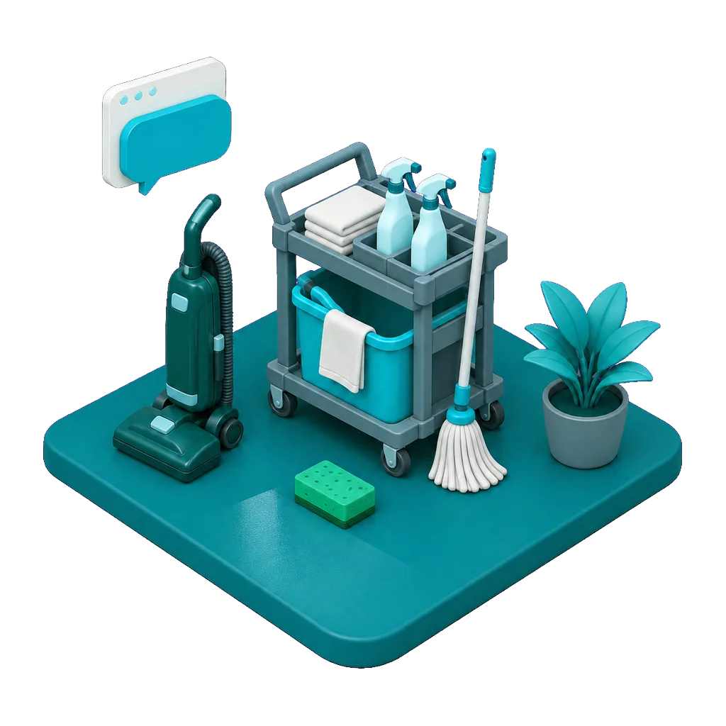 Isometric illustration of a cleaning cart with a bucket, cloths and spray bottles beside an upright vacuum, with a floating browser window and speech bubble showing the AI receptionist taking a quote request on the cleaning company website