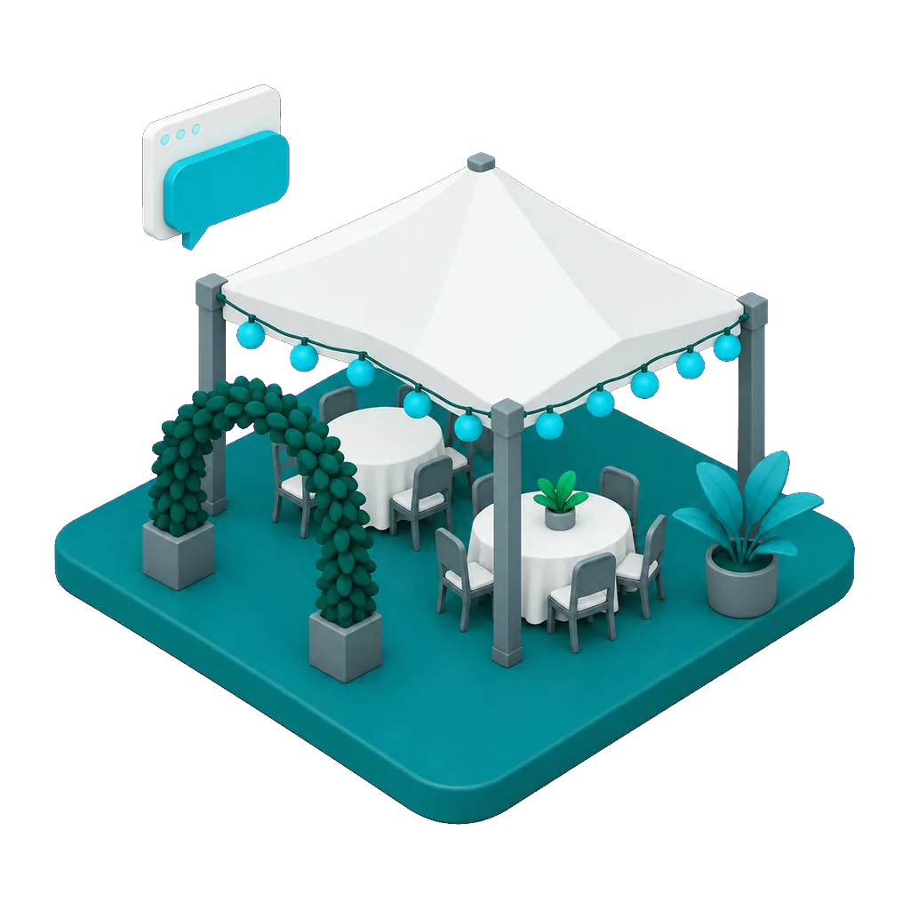 Isometric illustration of an open-sided event pavilion with round banquet tables and a greenery arch, with a floating browser window and speech bubble showing the AI receptionist taking a wedding inquiry on the venue website