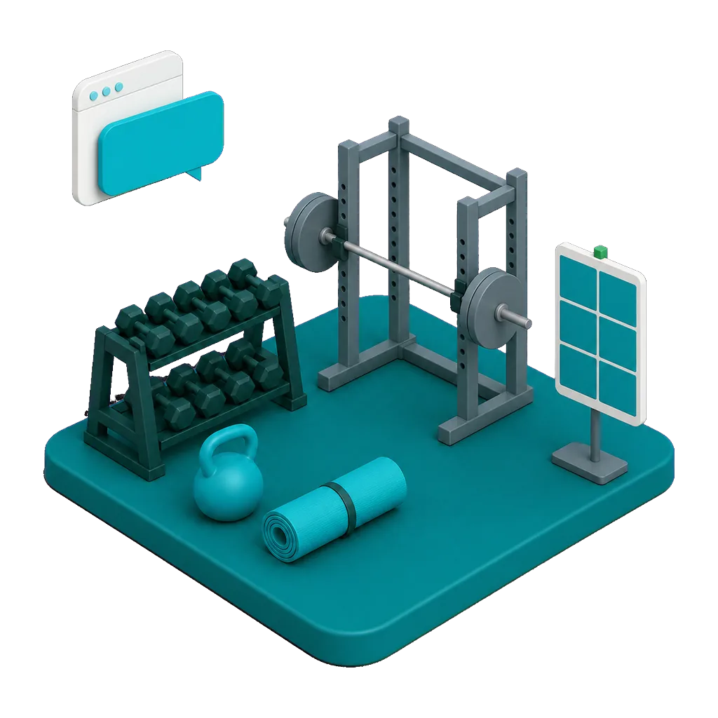 Isometric illustration of a fitness studio floor with dumbbell racks and a class schedule board, with a floating browser window and speech bubble showing the AI agent answering a prospective member on the studio website