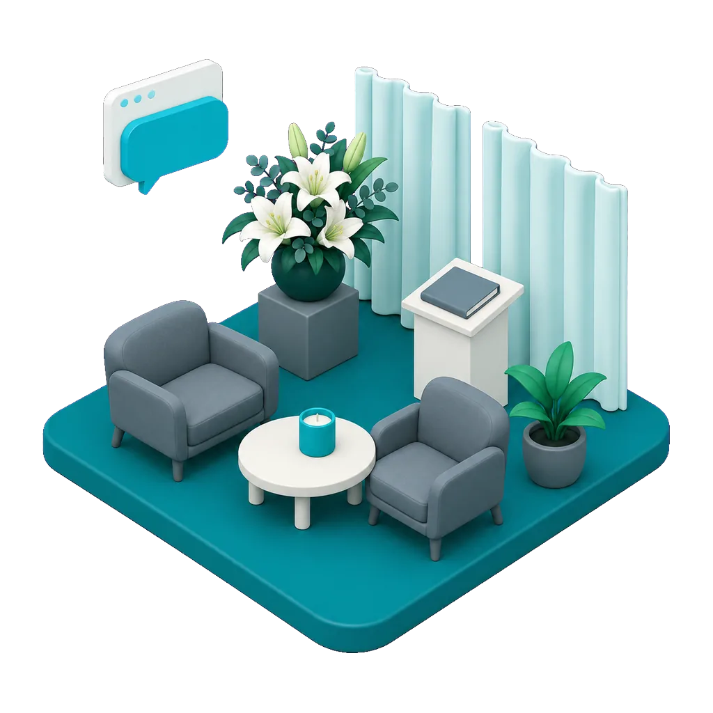 Isometric illustration of a quiet funeral home reception area with two chairs, a lily arrangement and a guest book on a lectern, with a floating browser window and speech bubble showing the AI receptionist answering a family on the funeral home website