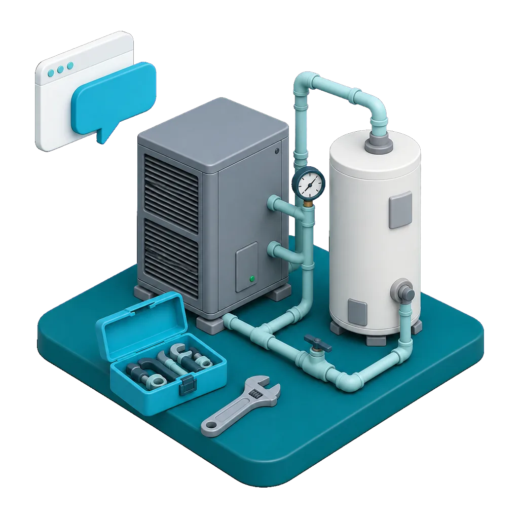 Isometric illustration of a utility room with an HVAC unit, pipework and a technician, with a floating browser window and speech bubble showing the AI agent capturing a service inquiry on the company website
