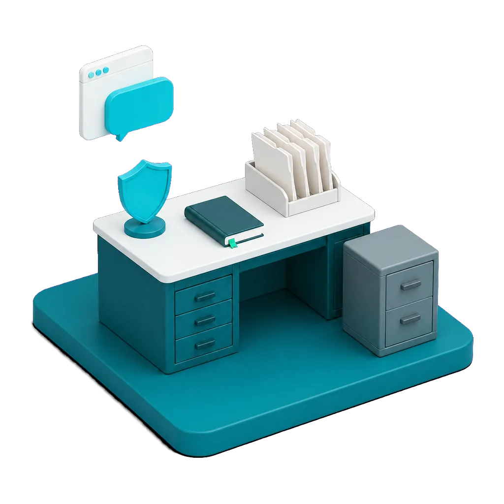 Isometric illustration of an insurance agency desk with policy folders and a shield emblem, with a floating browser window and speech bubble showing the AI agent capturing a quote request on the agency website