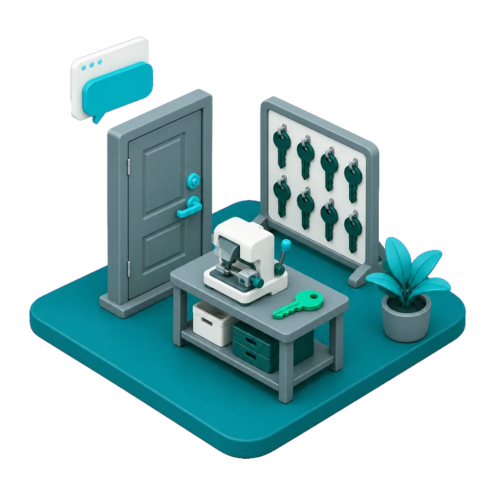 Isometric illustration of a locksmith workbench with a key-cutting machine beside a front door with a deadbolt, with a floating browser window and speech bubble showing the AI receptionist taking a rekey request on the locksmith website