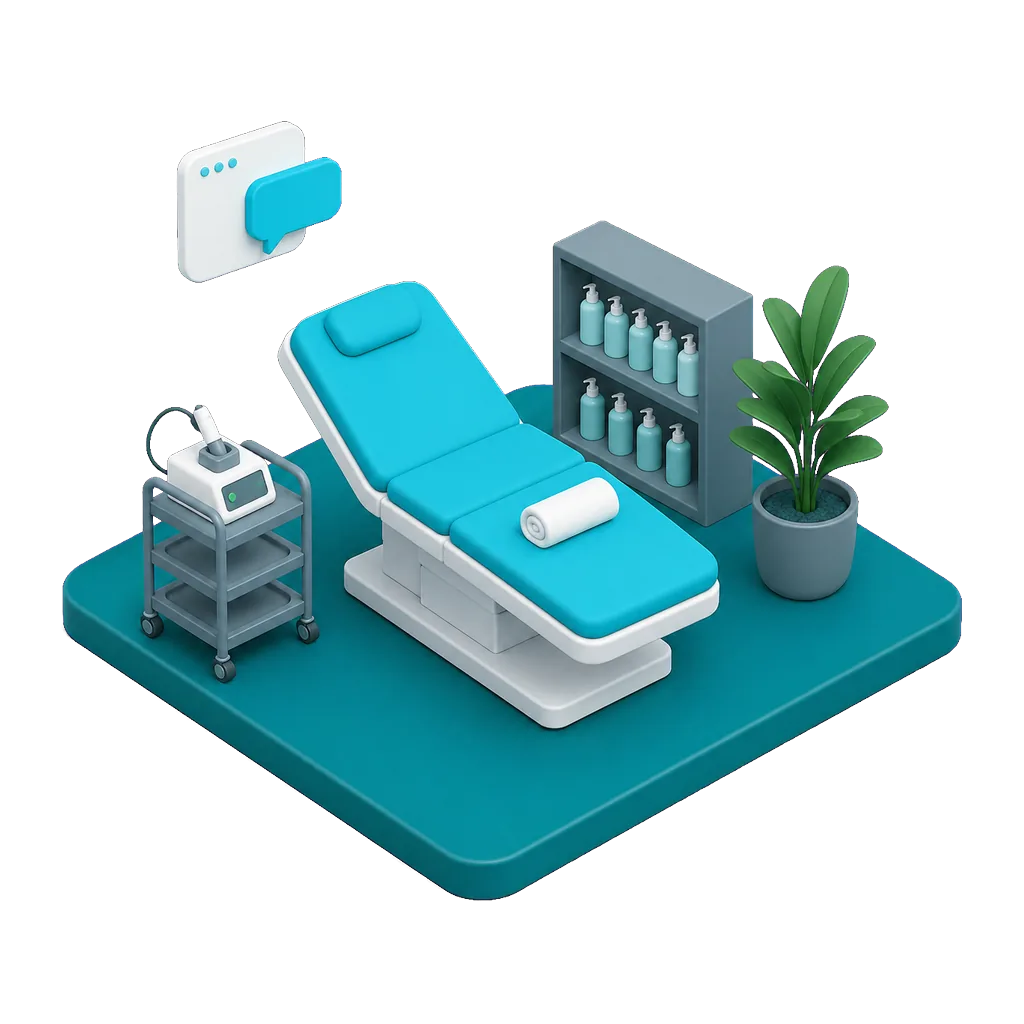 Isometric illustration of a med spa treatment room with a facial bed and product shelf, with a floating browser window and speech bubble showing the AI agent answering a consultation inquiry on the spa website