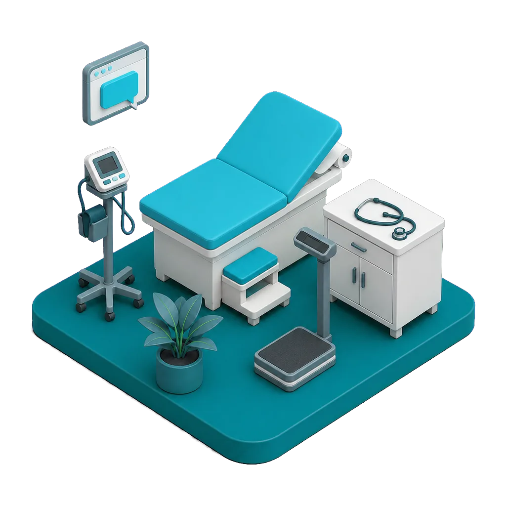 Isometric illustration of a medical exam room with an examination table, blood pressure monitor and weighing scale, with a floating browser window and speech bubble showing the AI agent answering a patient inquiry on the practice website