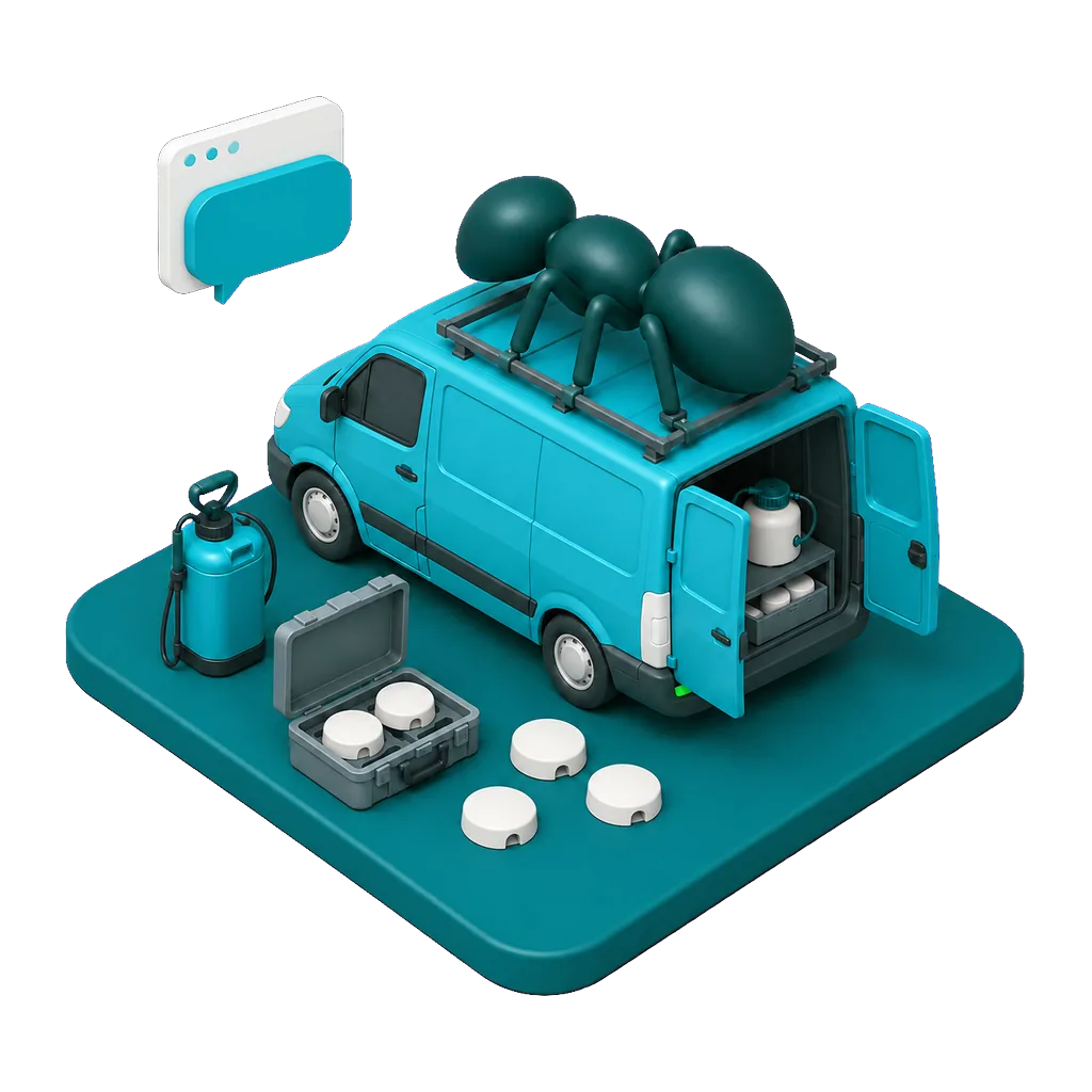 Isometric illustration of a pest control van with a large moulded ant mounted on its roof rack, a sprayer and bait stations laid out beside it, with a floating browser window and speech bubble showing the AI agent capturing an inspection inquiry on the company website