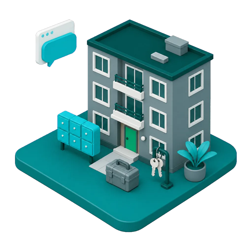 Isometric illustration of a small apartment building with mailboxes and a toolbox at the entrance, with a floating browser window and speech bubble showing the AI receptionist answering a property owner on the management company website