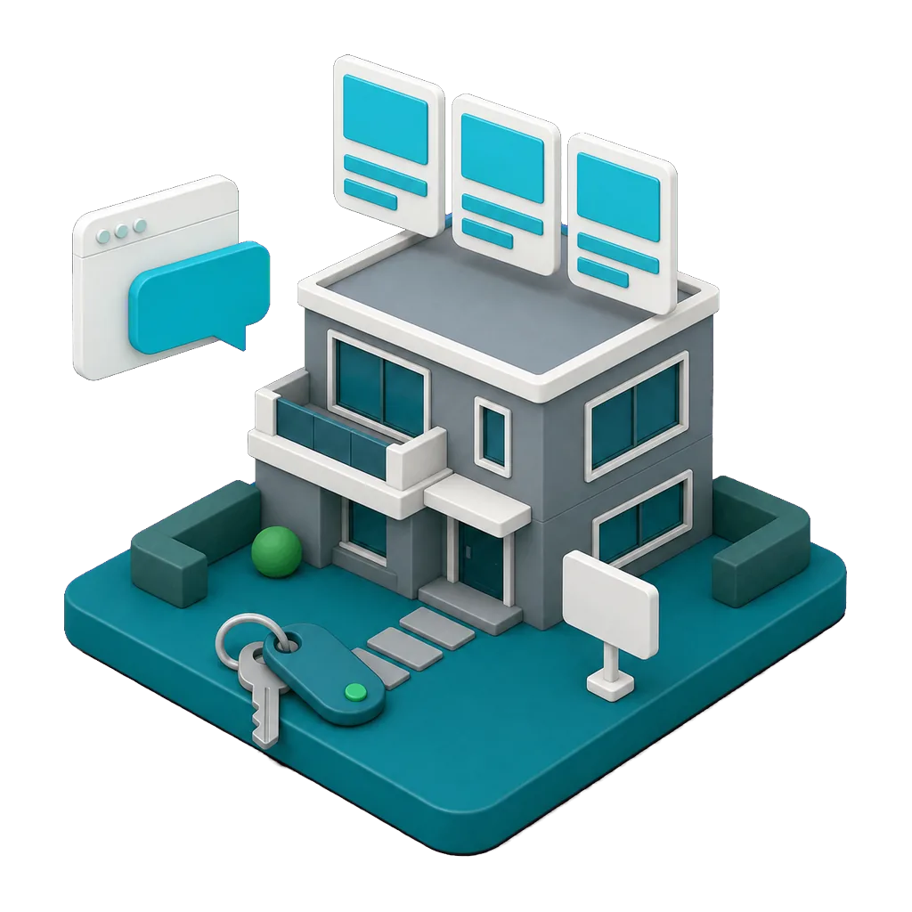 Isometric illustration of a listed home with a yard sign and floating listing cards, with a floating browser window and speech bubble showing the AI agent qualifying a buyer on the agency website