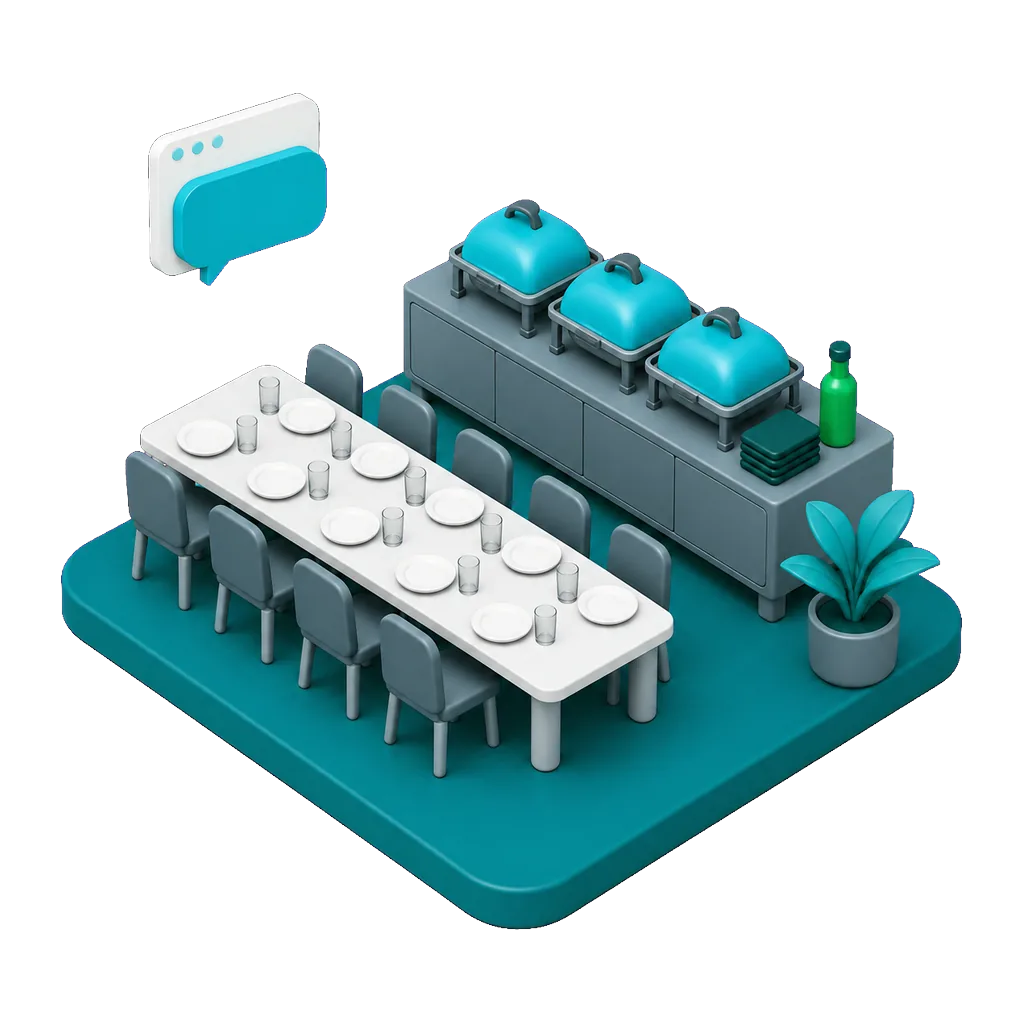 Isometric illustration of a restaurant dining area with a long banquet table set for a party and a catering counter with covered trays, with a floating browser window and speech bubble showing the AI receptionist taking a private event inquiry on the restaurant website