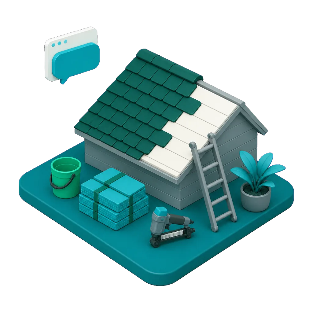Isometric illustration of a pitched roof section with shingle bundles and a ladder, with a floating browser window and speech bubble showing the AI receptionist taking a storm damage inquiry on the roofing company website