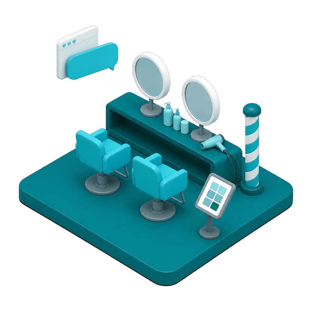 Isometric illustration of a salon floor with styling chairs, mirrors and a barber pole, with a floating browser window and speech bubble showing the AI agent answering a visitor on the salon website