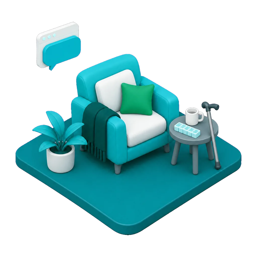 Isometric illustration of a comfortable armchair beside a side table with a mug and a pill organizer, with a floating browser window and speech bubble showing the AI receptionist answering a family member on the home care agency website