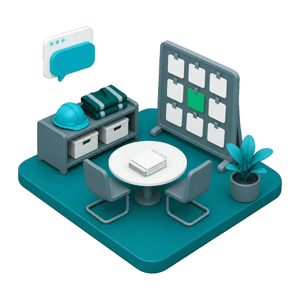 Isometric illustration of a staffing agency office with a job board and an interview table, with a floating browser window and speech bubble showing the AI receptionist answering an employer on the agency website