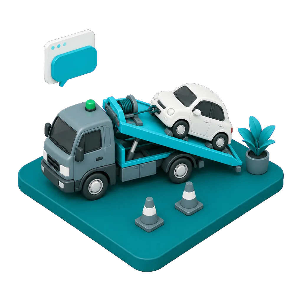 Isometric illustration of a tow truck lifting a car in a small dispatch yard, with a floating browser window and speech bubble showing the AI receptionist taking a transport request on the towing company website