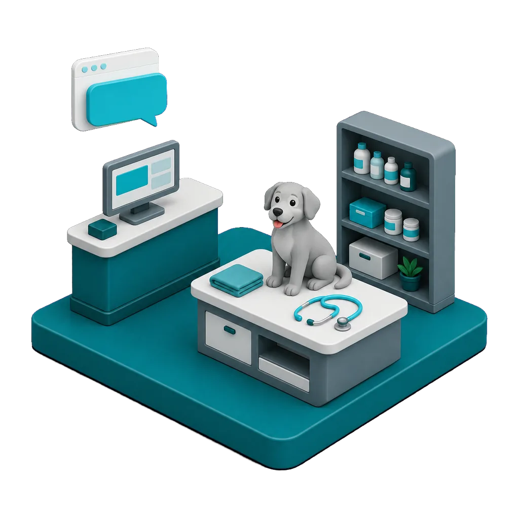 Isometric illustration of a veterinary exam room with a dog on the table and a check-in desk, with a floating browser window and speech bubble showing the AI agent answering a pet owner on the clinic website