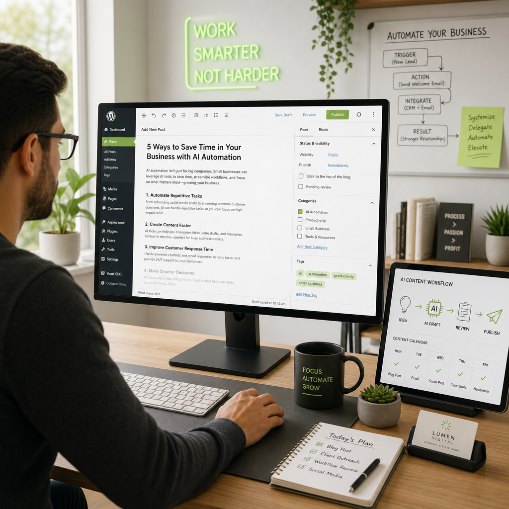 Professional reviewing an AI-generated post in WordPress with best blogging AI for WordPress in 2026, workspace includes green accents.
