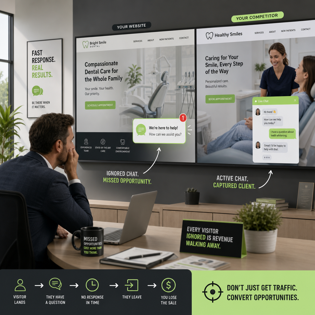 Frustrated service business owner noticing missed web chat costs for service business on website interface