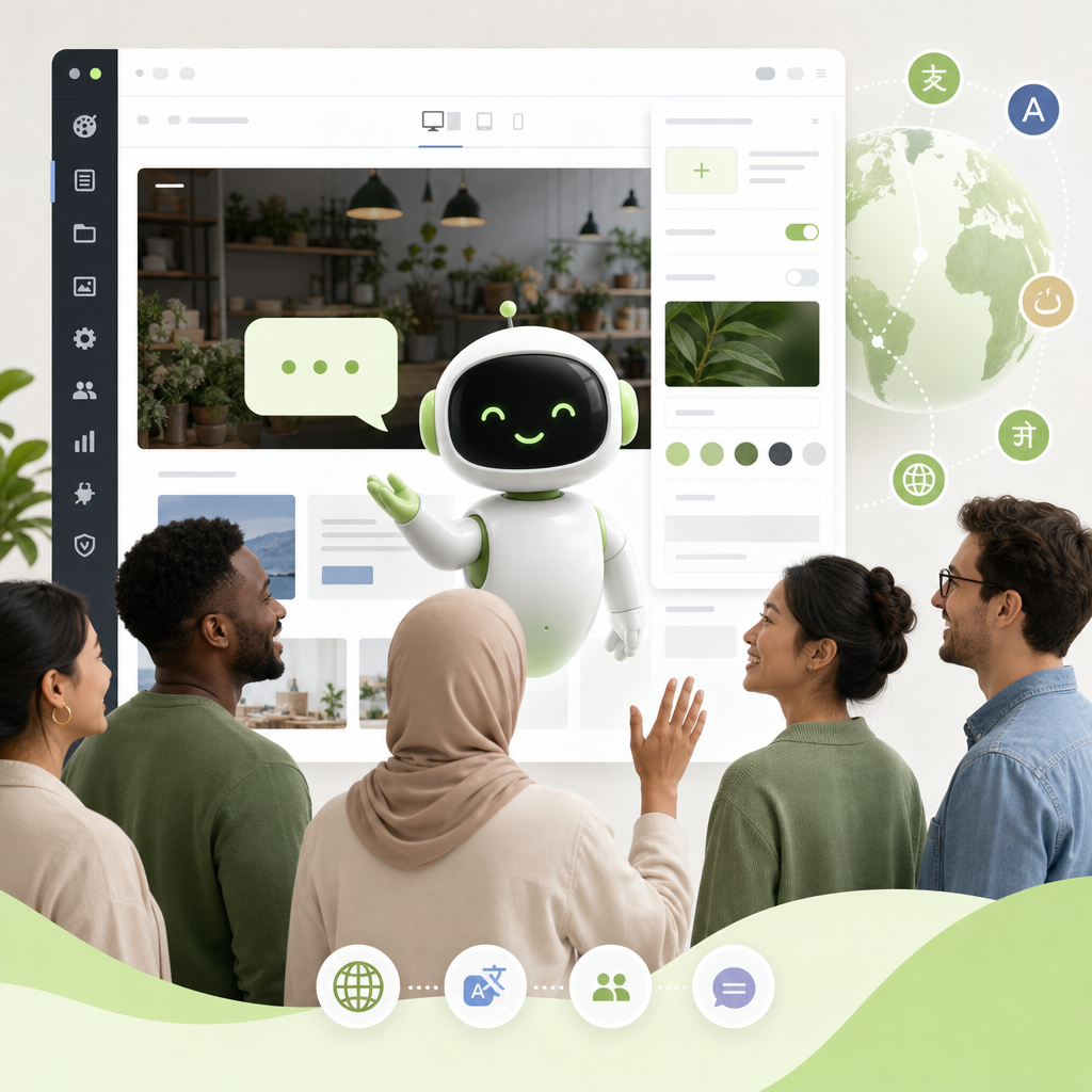 Multilingual AI assistant for WordPress illustrating support for 57 languages with diverse users interacting on a modern website