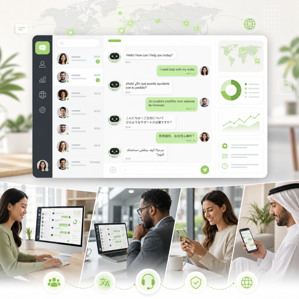 A modern WordPress website displaying a multilingual chatbot plugin with diverse users interacting in different languages