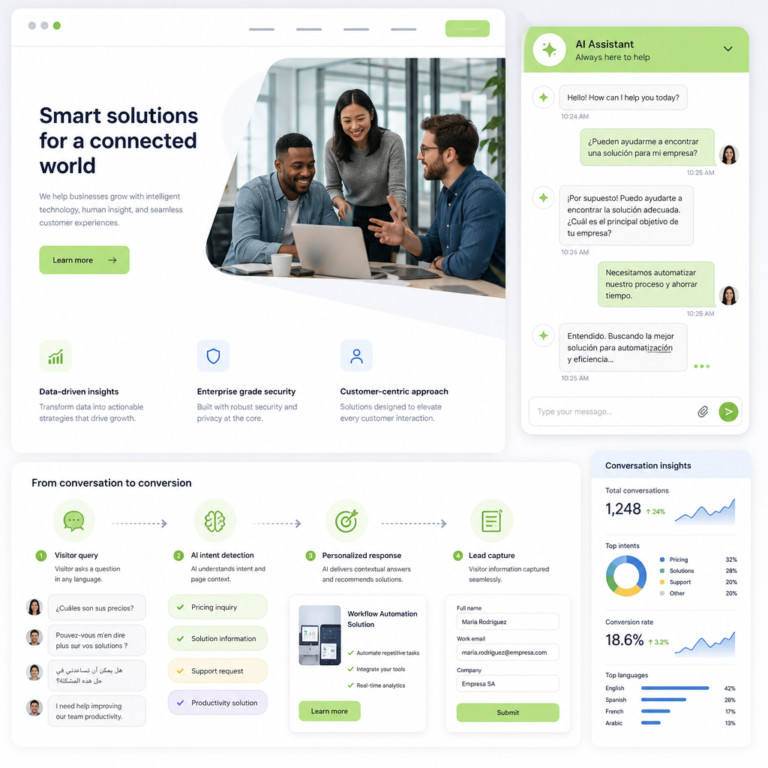 AI chat widget captures visitor intent on a website with dynamic, multilingual chat bubbles