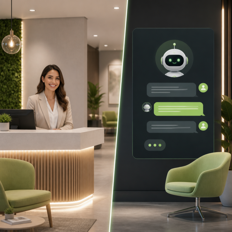Modern office showing AI chatbot versus human receptionist for cost savings