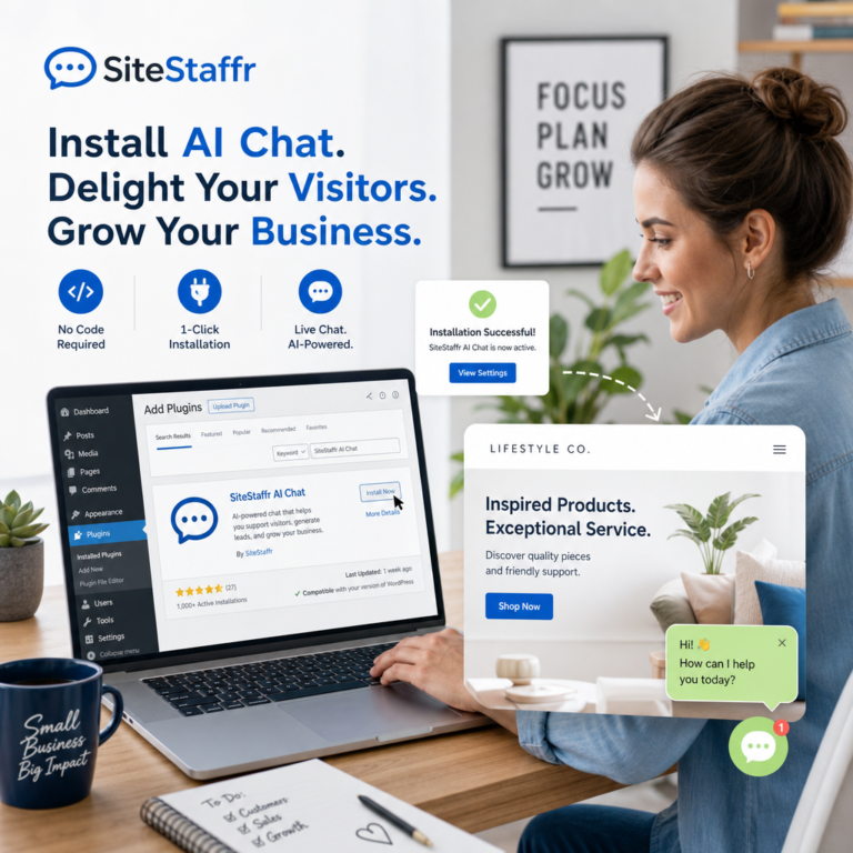 Business owner installing AI chat plugin in WordPress with no coding required, green chat bubble on screen