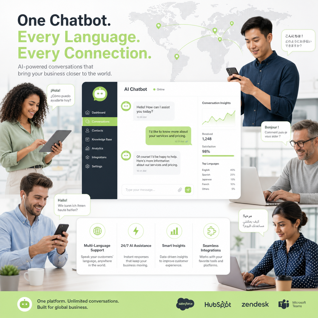 People using multilingual AI chatbot that summarizes in English, representing efficient business lead capture