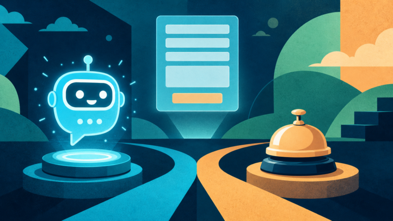 AI chatbot lead capture vs landing page illustrated by a digital pathway splitting between a chatbot icon and a landing page form