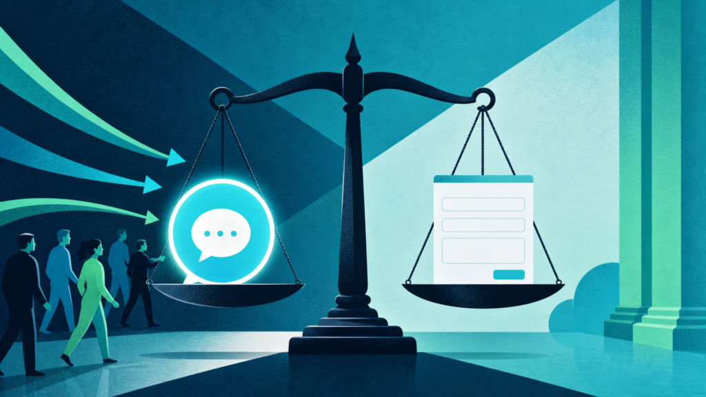 Legal scale with chat icon and contact form, illustrating WordPress AI assistant for law firms capturing website leads