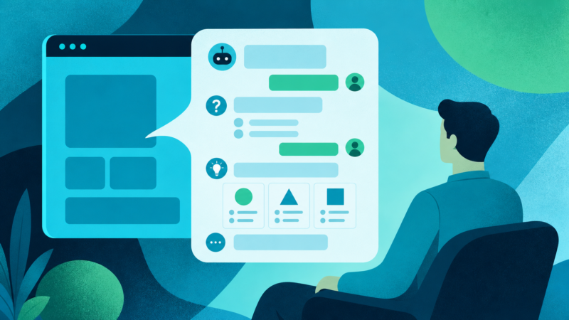 Site assistant that collects visitor intent using conversational AI instead of forms, shown as a chat bubble engaging with a website visitor.