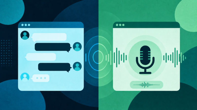 A split image comparing a voice chat widget and a text chat widget on a WordPress site, illustrating different approaches using a digital microphone icon and a chat bubble.