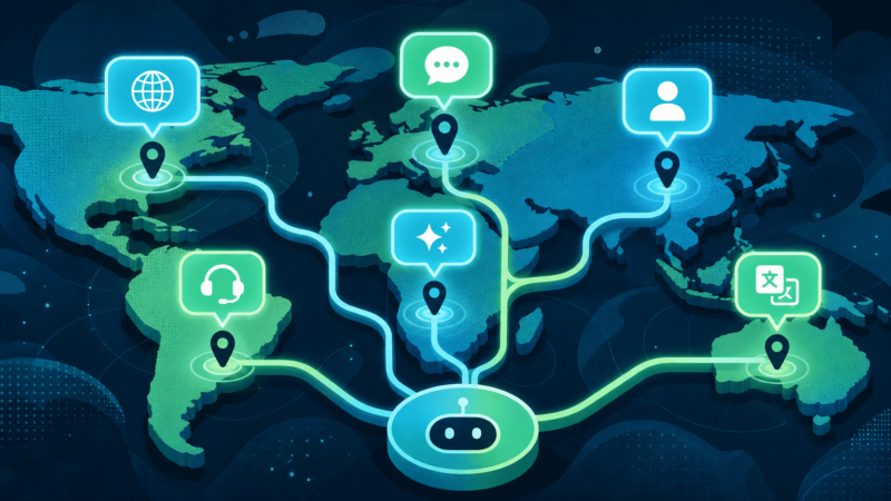 AI assistant for multi-location service business shown as chat bubbles linking different map locations with branch-specific icons and languages