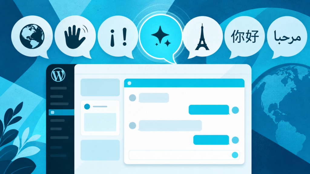 WordPress plugin for multilingual chat support shown with diverse language speech bubbles highlighting automatic detection