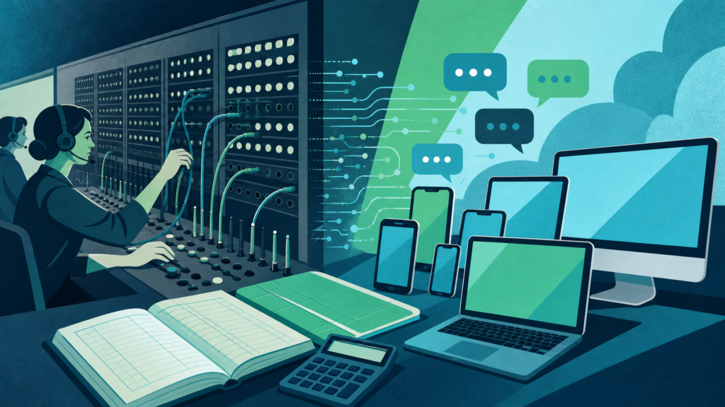 Accounting answering service illustrated as a switchboard merging into AI-powered devices handling accounting inquiries