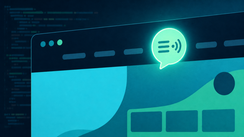 Website homepage with prominent AI speech bubble icon showing chat and voice features, code faded in the background, illustrating how to add AI receptionist to my site easily.