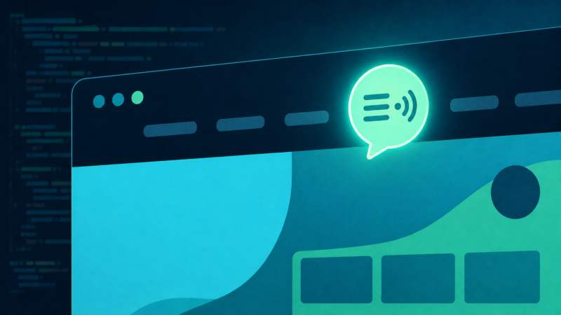 Website homepage with prominent AI speech bubble icon showing chat and voice features, code faded in the background, illustrating how to add AI receptionist to my site easily.