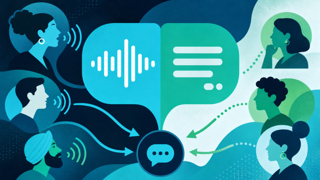 Illustration of an AI chat plugin that supports voice and text, featuring connected speech bubbles with audio waves and typed text to represent dual-mode receptionist widget capabilities.
