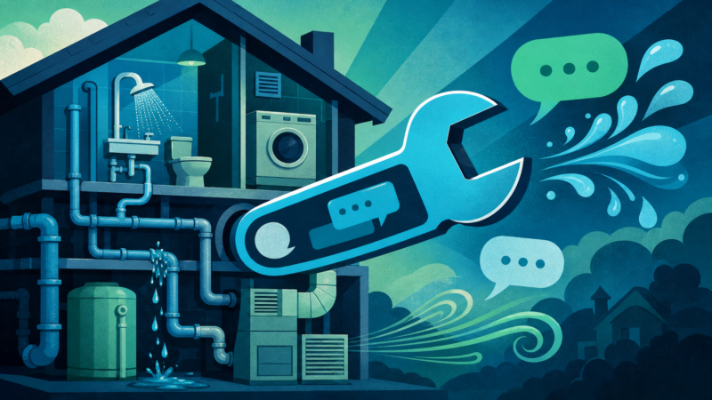 Chat with a plumber widget emerging from plumbing pipes and HVAC vents, symbolizing 24/7 instant AI chat for service leads