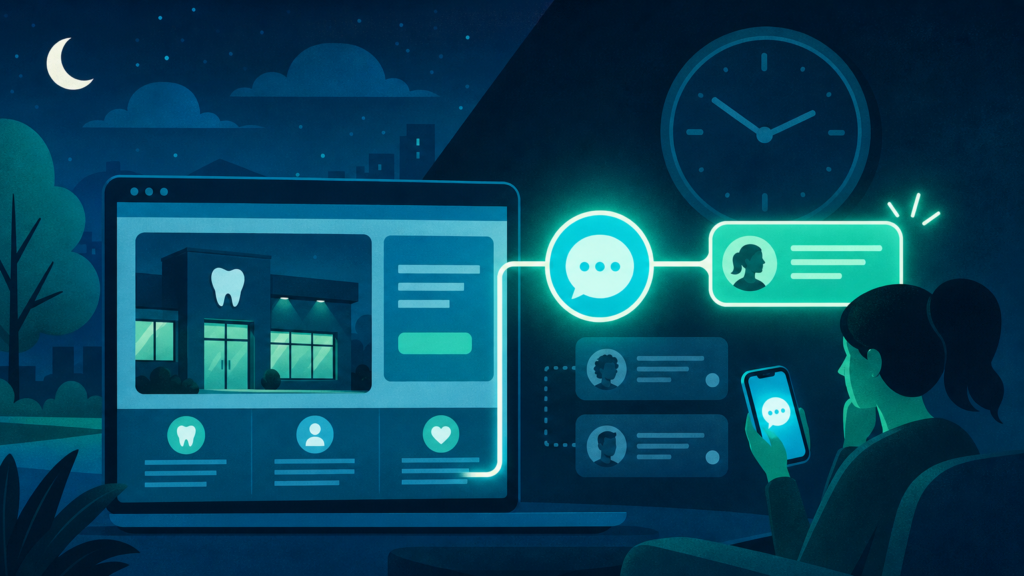 Live chat for dentists illustrated by a glowing chat bubble on a dental website, with a clock showing late hours to highlight after-hours patient engagement