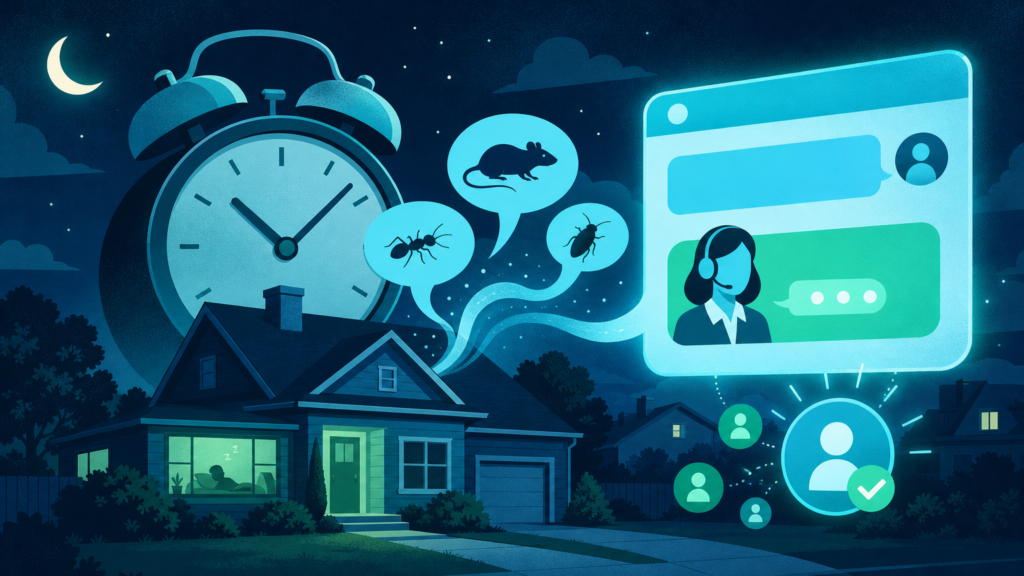 A pest control virtual assistant engaging visitors via online chat at night while pests emerge inside a home